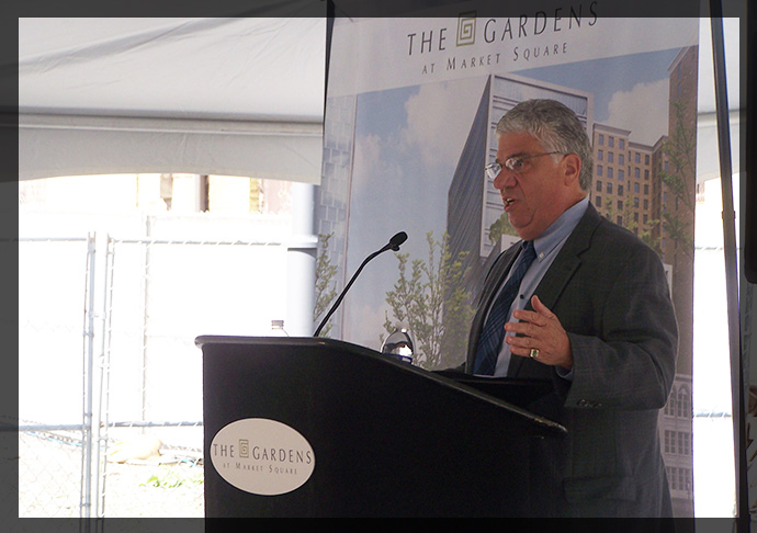 Senator Fontana speaks at the Gardens at Market Square groundbreaking ceremony in downtown Pittsburgh on August 21st. 