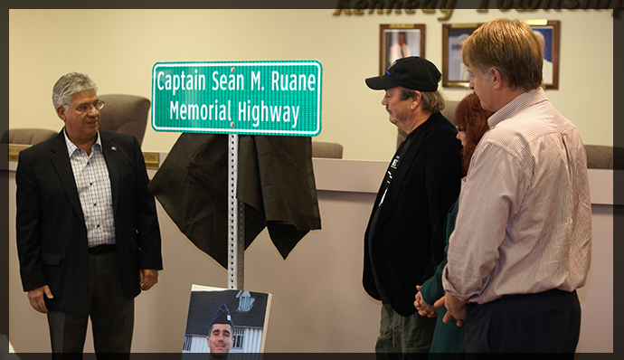 Senator Fontana is pictured here with Marcia and Michael Ruane and County Executive Rich Fitzgerald moments after the Captain Sean M. Ruane Memorial Highway sign was unveiled on October 4th.