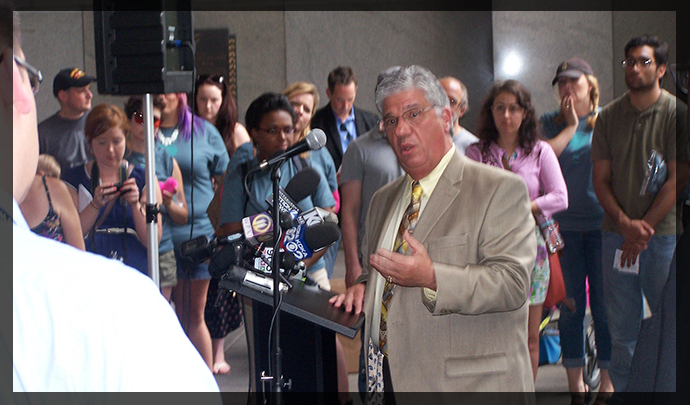 Senator Fontana answers a question on his legislation, Senate Bill 1457 (SB 1457), that would regulate and legalize ride-share services in Pennsylvania at a press conference on July 10th at the City-County Building downtown. 