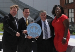 May 10, 2012: Senator Fontana, pictured with Allegheny County Executive Rich Fitzgerald and city of Pittsburgh Mayor Luke Ravenstahl, accepts a plaque from Kimberly Lewis of the U.S. Green Building Council.