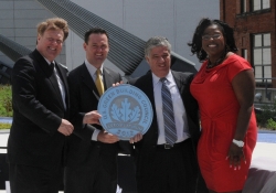 May 10, 2012: Senator Fontana, pictured with Allegheny County Executive Rich Fitzgerald and city of Pittsburgh Mayor Luke Ravenstahl, accepts a plaque from Kimberly Lewis of the U.S. Green Building Council. 