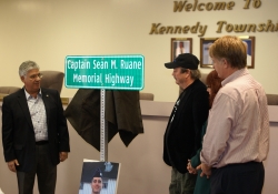 October 4, 2014: Senator Fontana is pictured here with Marcia and Michael Ruane and County Executive Rich Fitzgerald moments after the Captain Sean M. Ruane Memorial Highway sign was unveiled on October 4th.