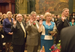 January 4, 2011: Senator Fontana is flanked by Senator Ferlo, on the left, and Senator Boscola and Senator Blake to the right, who were all sworn in today by Supreme Court Justice Max Baer.