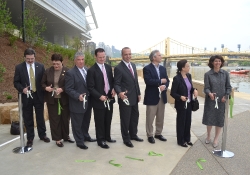 May 12, 2011: Senator Fontana participats in the ribbon cutting for the new Convention Center Riverfront Plaza. From left to right are SEA Board Member Mike Dunleavy, Pittsburgh Councilwoman Darlene Harris, Senator Fontana, Pittsburgh Mayor Luke Ravenstahl, Allegheny County Executive Dan Onorato, SEA Treasurer Anthony Ross, SEA Secretary Edie Shapira and SEA Executive Director Mary Conturo.