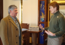 Senator Fontana and Maggie Forbes, the Executive Director of the Andrew Carnegie Free Library & Music Hall stand inside the Capt. Thomas Espy Post No. 153 of the Grand Army of the Republic (GAR) which just recently re-opened after having been sealed up nearly 50 years ago. The Post room is believed to be one of only a handful of intact GAR Post rooms in the country  